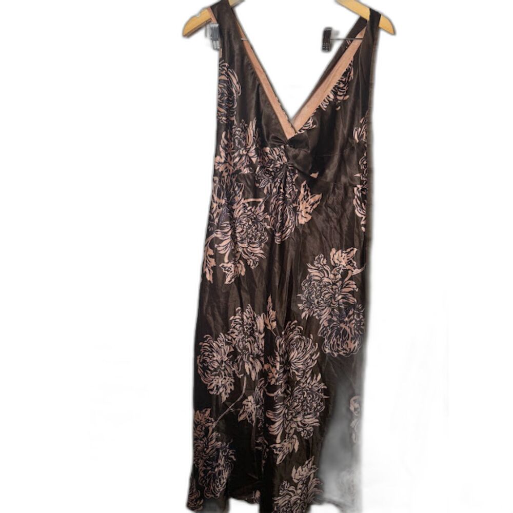 California Dynasty Slip Dress Women's Large Brown Pink Floral Satin Nightwear